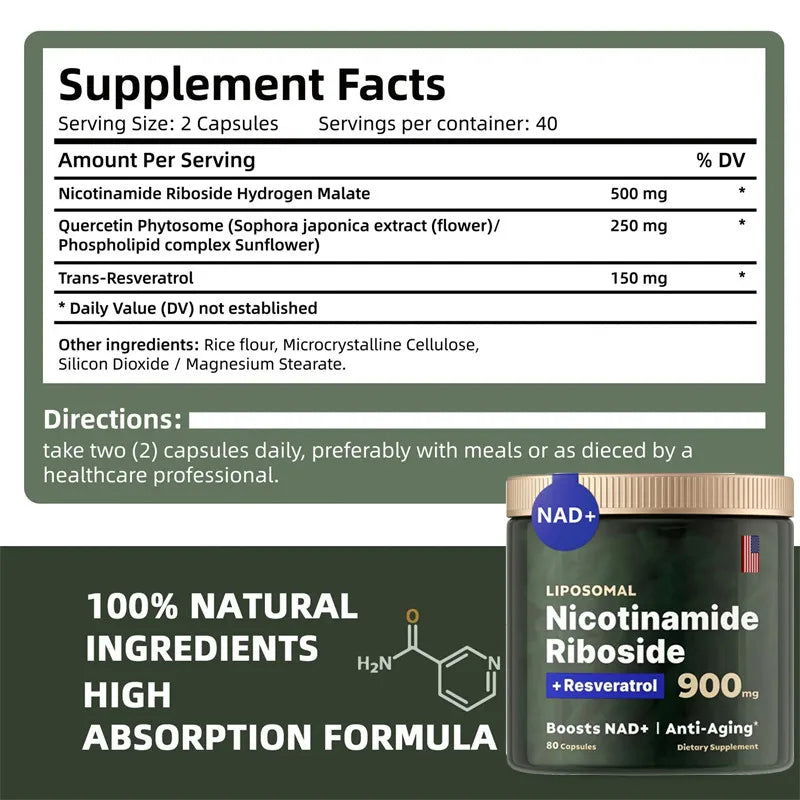 NAD+ Supplement Capsules - 900mg Liposomal Nicotinamide Riboside with Resveratrol & Quercetin for Anti-Aging and Energy