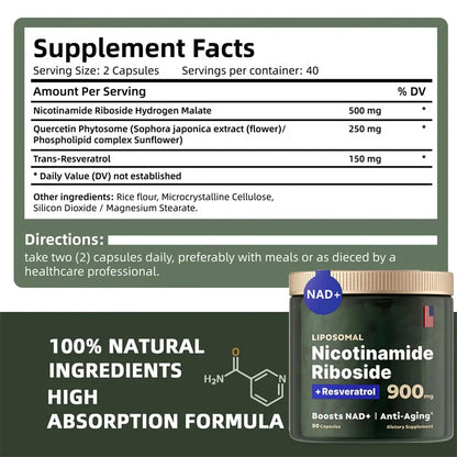 NAD+ Supplement Capsules - 900mg Liposomal Nicotinamide Riboside with Resveratrol & Quercetin for Anti-Aging and Energy