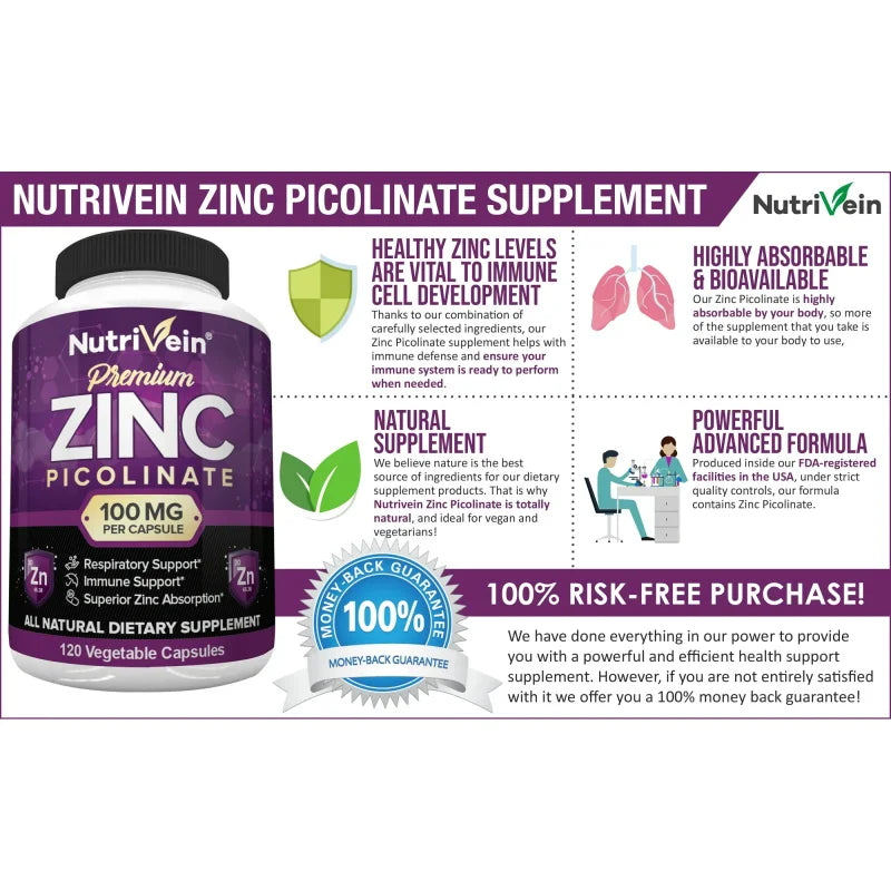 Premium Zinc Picolinate 100mg - Immune Support, Energy Boost, and Better Sleep | 120 Capsules