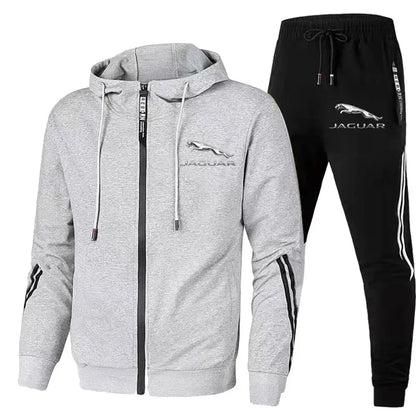 2024 Men's Gym Tracksuit - Jaguar Logo Zip Hoodie & Pants Set for Running and Fitness