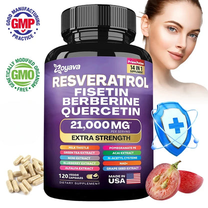 Resveratrol, Fisetin, Berberine & Quercetin Capsules - Antioxidant Support for Skin, Immunity, Health & Metabolism