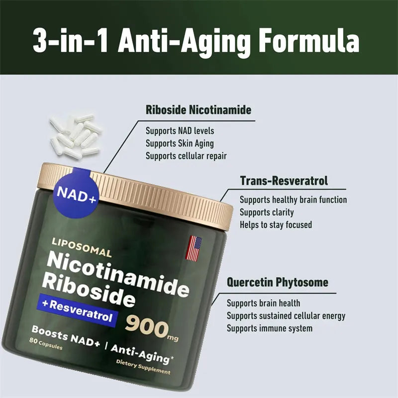 NAD+ Supplement Capsules - 900mg Liposomal Nicotinamide Riboside with Resveratrol & Quercetin for Anti-Aging and Energy