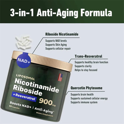 NAD+ Supplement Capsules - 900mg Liposomal Nicotinamide Riboside with Resveratrol & Quercetin for Anti-Aging and Energy