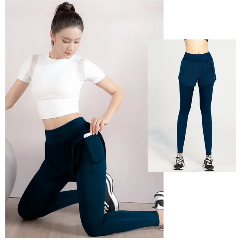 🏋️‍♀️ Women’s High-Waist Yoga Pants – Fake Two-Piece, Seamless Tights, High-Stretch Fitness Running Leggings for Abdomen & Hip Support