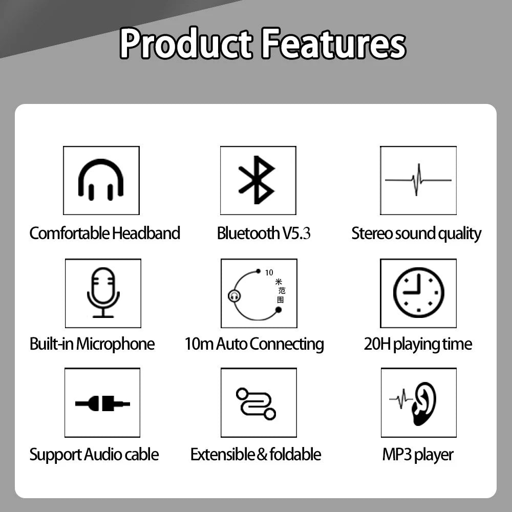 Colorful Stereo Audio Mp3 Bluetooth Headset Wireless Headphones Earphone Support SD Card with Mic Play 20 Hours