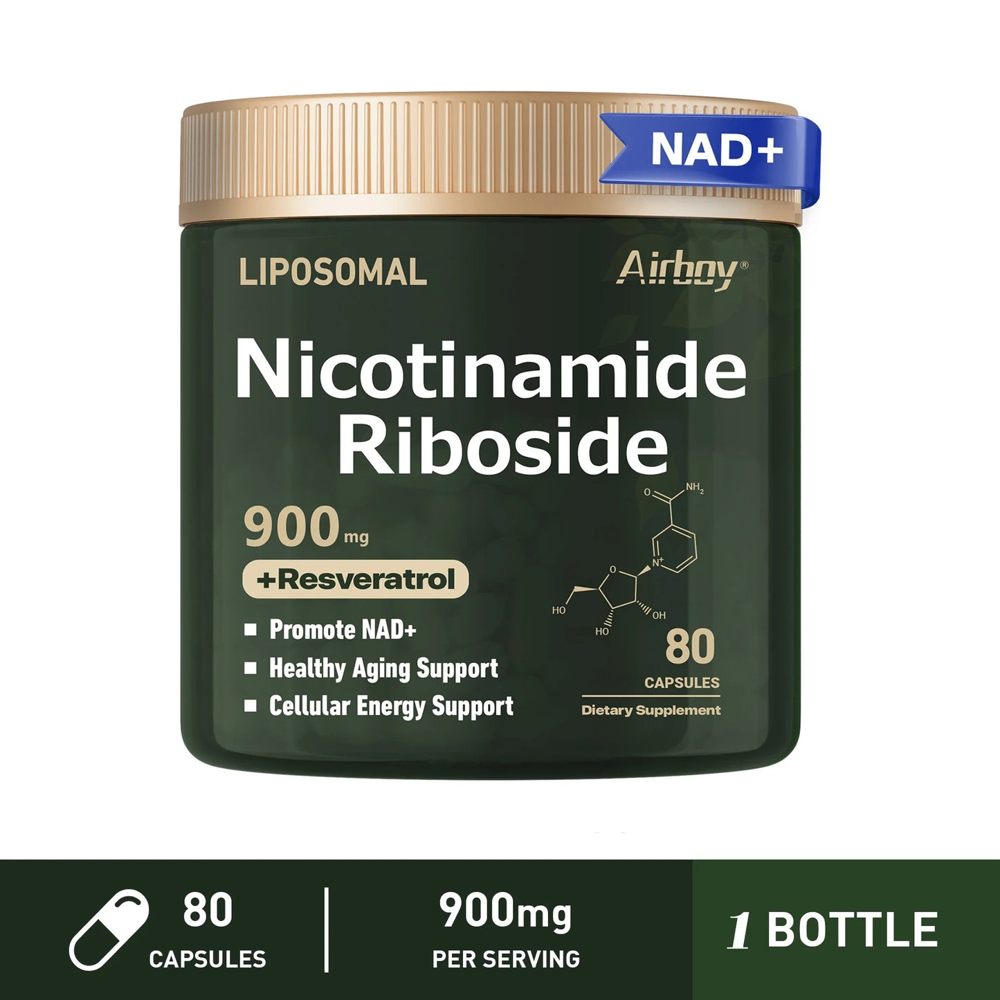 NAD+ Supplement - Liposomal Nicotinamide Riboside 900mg with Resveratrol for Nerve Protection, Anti-Aging, and Vascular Health