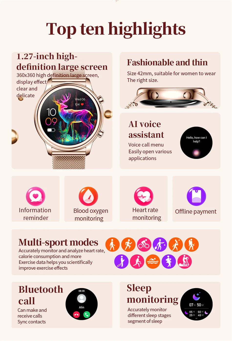 🔥 2024 New Xiaomi Women's Smart Watch – 1.27" Fashion Bracelet, Heart Rate Monitor, Custom Dial, Bluetooth Call & Health Tracker