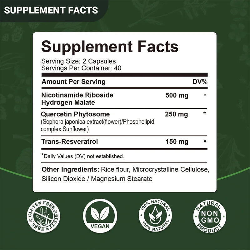 NAD+ Supplement Capsules - 900mg Liposomal Nicotinamide Riboside with Resveratrol & Quercetin for Anti-Aging and Energy