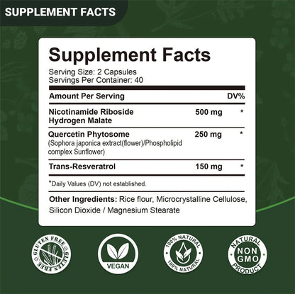 NAD+ Supplement Capsules - 900mg Liposomal Nicotinamide Riboside with Resveratrol & Quercetin for Anti-Aging and Energy