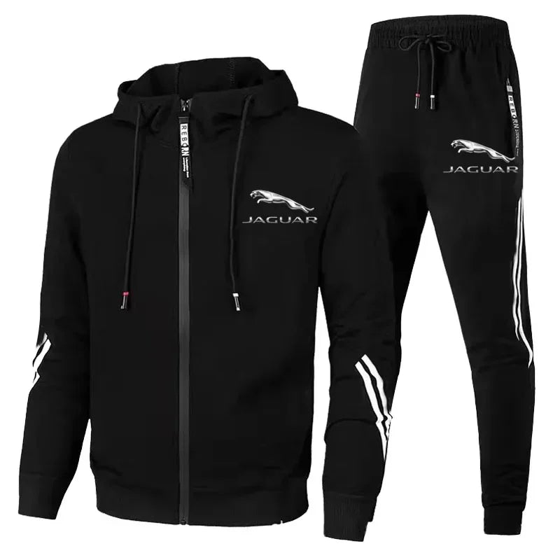 2024 Men's Gym Tracksuit - Jaguar Logo Zip Hoodie & Pants Set for Running and Fitness