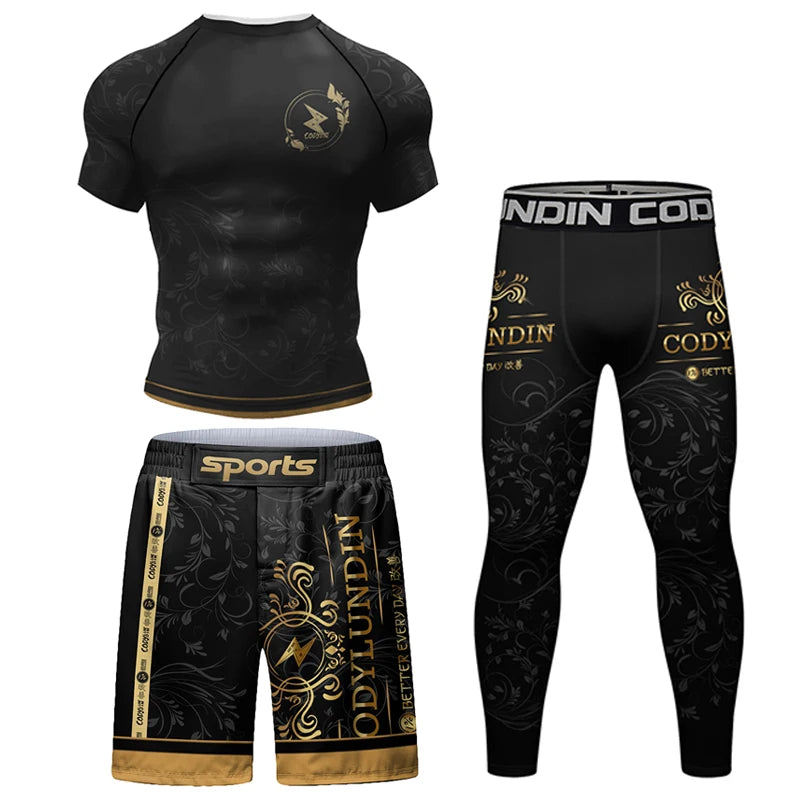 MMA BJJ Rash Guard Tight Exercise Jogging T-Shirts+Pants Sets Sport 3D Print Jiu Jitsu Rashguard Compression Boxing Tracksuit