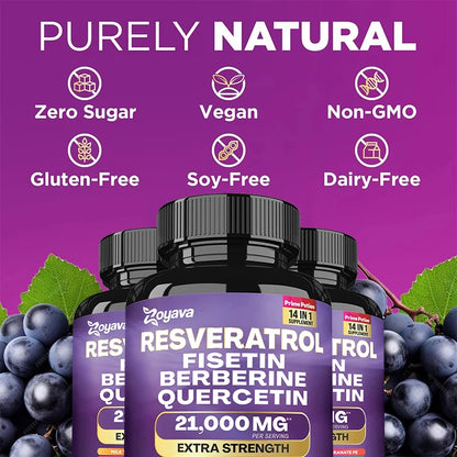 Resveratrol, Fisetin, Berberine & Quercetin Capsules - Antioxidant Support for Skin, Immunity, Health & Metabolism