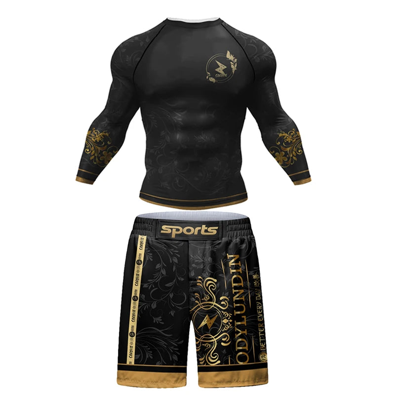 MMA BJJ Rash Guard Tight Exercise Jogging T-Shirts+Pants Sets Sport 3D Print Jiu Jitsu Rashguard Compression Boxing Tracksuit