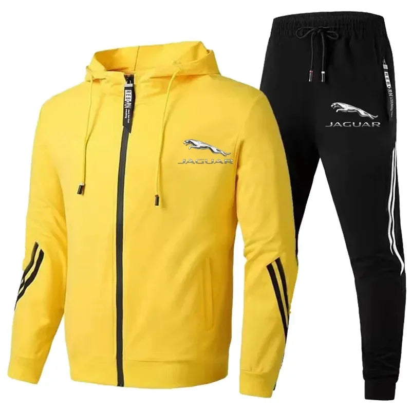 2024 Men's Gym Tracksuit - Jaguar Logo Zip Hoodie & Pants Set for Running and Fitness