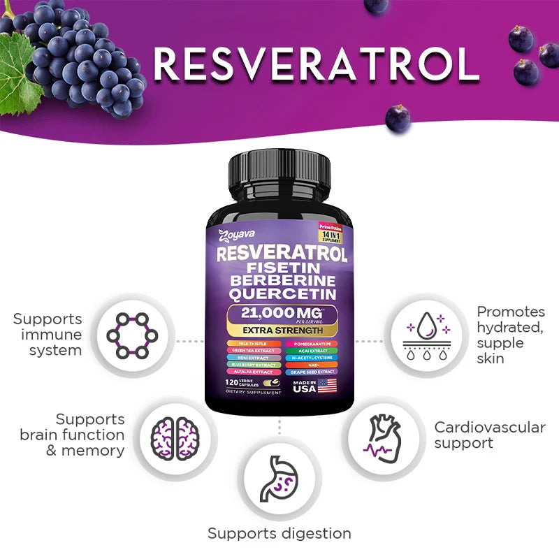 Resveratrol, Fisetin, Berberine & Quercetin Capsules - Antioxidant Support for Skin, Immunity, Health & Metabolism