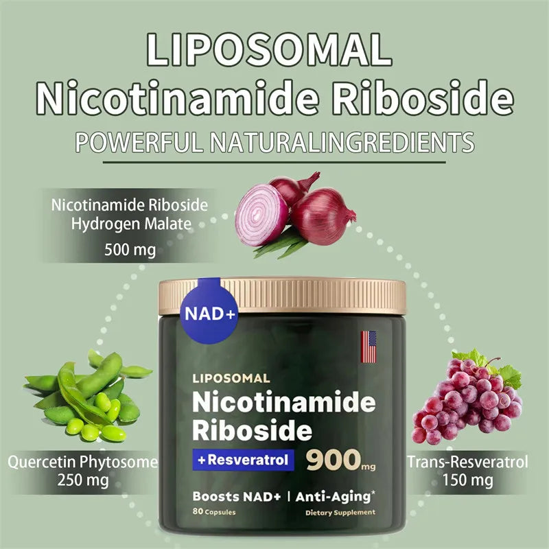 NAD+ Supplement Capsules - 900mg Liposomal Nicotinamide Riboside with Resveratrol & Quercetin for Anti-Aging and Energy