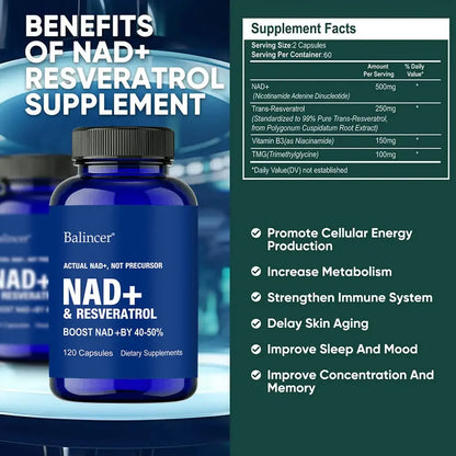 NAD+ Supplements with Resveratrol & Vitamin B3 - Boost Cellular Health and Energy